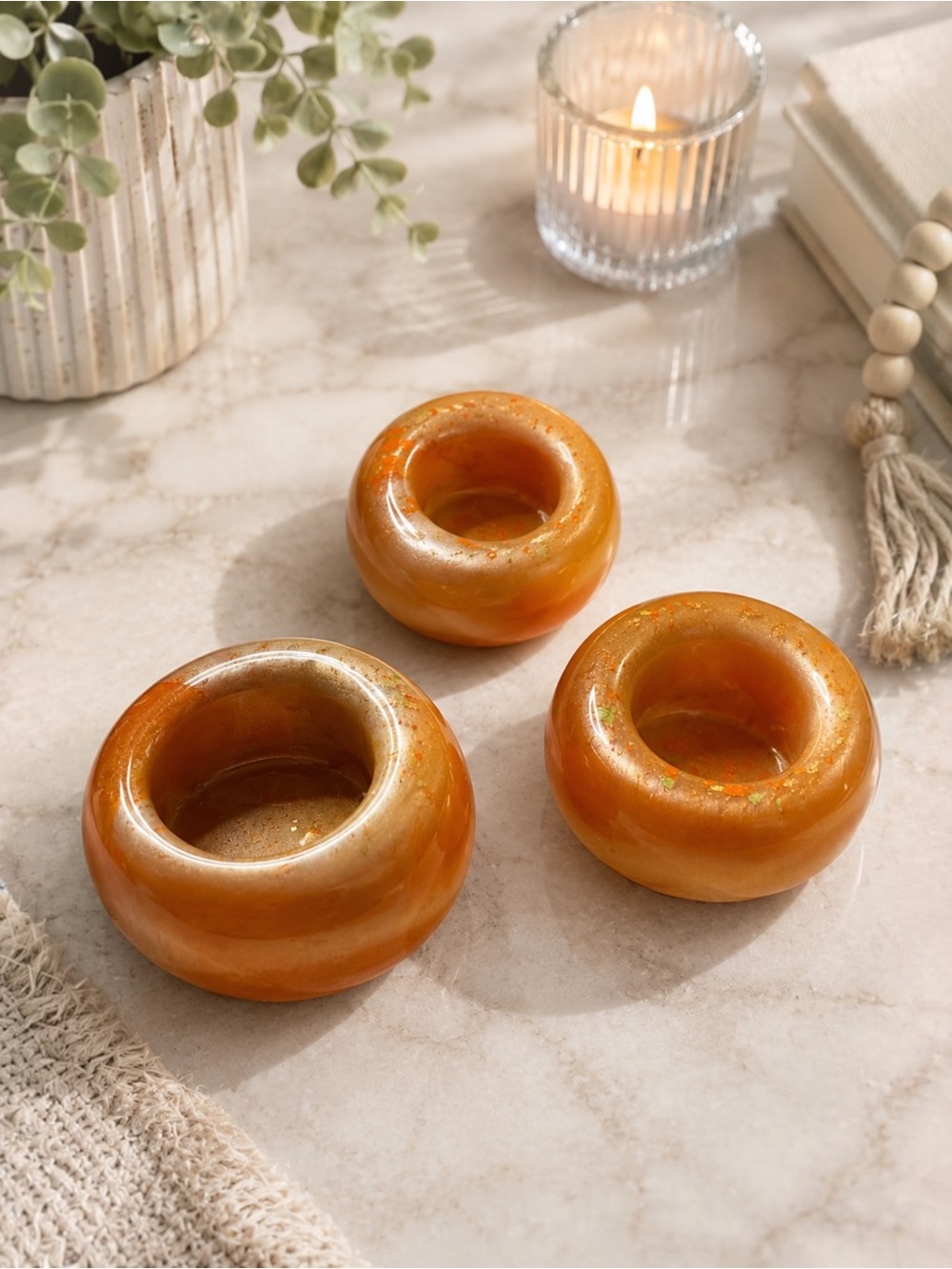 Handcrafted Amber Gold Ceramic Tea Light Holders - Set of 3